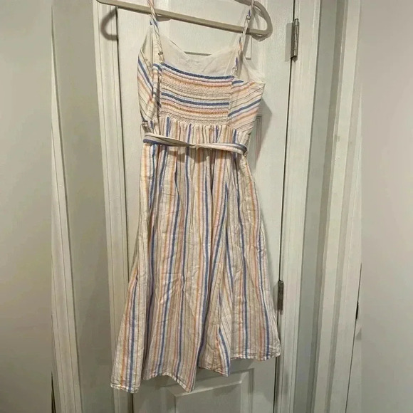 Gap Linen Cotton Striped Ruched Front Smock Back Belted Dress Size 4P - Picture 8 of 10